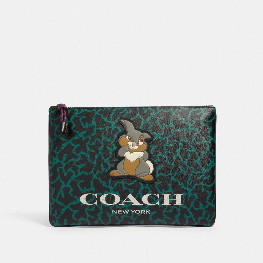 DISNEY X COACH LARGE POUCH WITH WAVY ANIMAL PRINT AND THUMPER - 91217 - QB/DARK GREEN MULTI