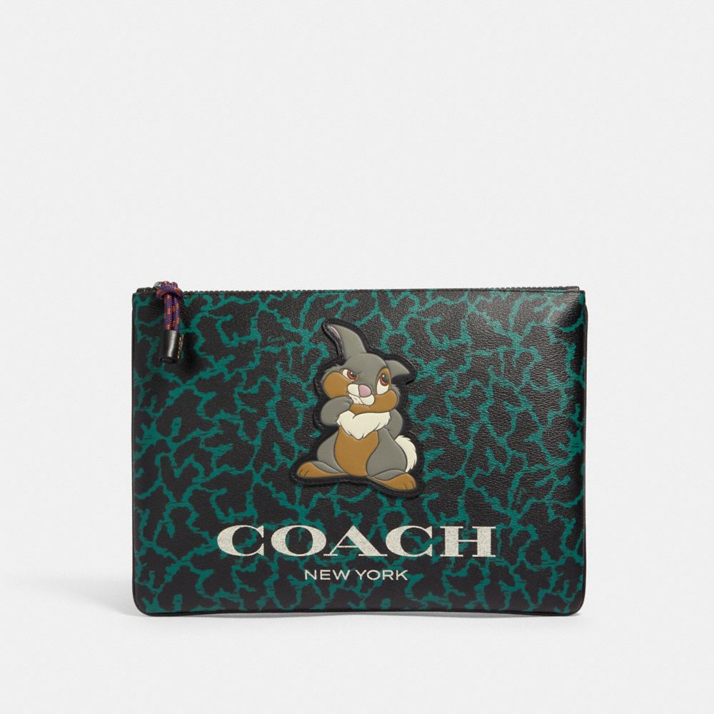 COACH 91217 Disney X Coach Large Pouch With Wavy Animal Print And Thumper QB/DARK GREEN MULTI