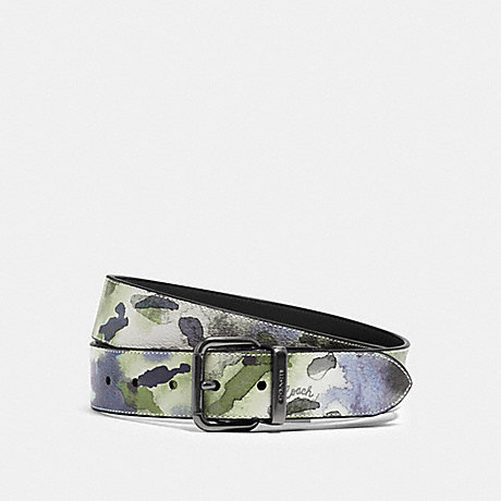 COACH 91254 HARNESS BUCKLE CUT-TO-SIZE REVERSIBLE BELT WITH WATERCOLOR SCRIPT PRINT, 38MM QB/GREEN MULTI
