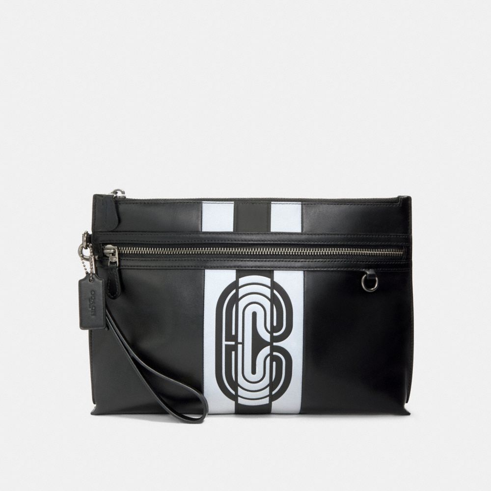 SPORTY CARRY ALL POUCH WITH REFLECTIVE VARSITY STRIPE AND COACH PATCH - QB/BLACK/SILVER/BLACK - COACH 91272