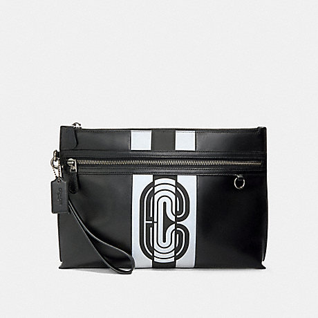 COACH 91272 SPORTY CARRY ALL POUCH WITH REFLECTIVE VARSITY STRIPE AND COACH PATCH QB/BLACK/SILVER/BLACK