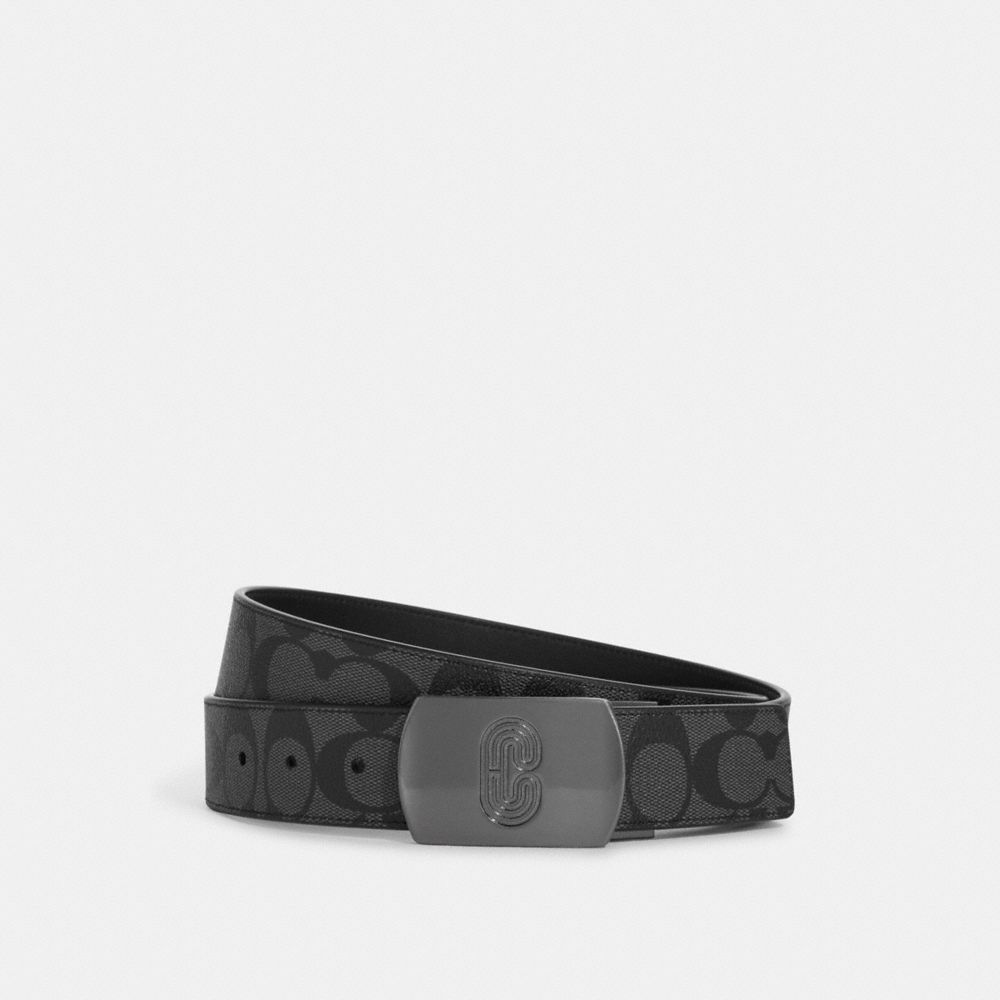 COACH Plaque Buckle Cut To Size Reversible Belt, 38 Mm - GUNMETAL/CHARCOAL/BLACK - 91280