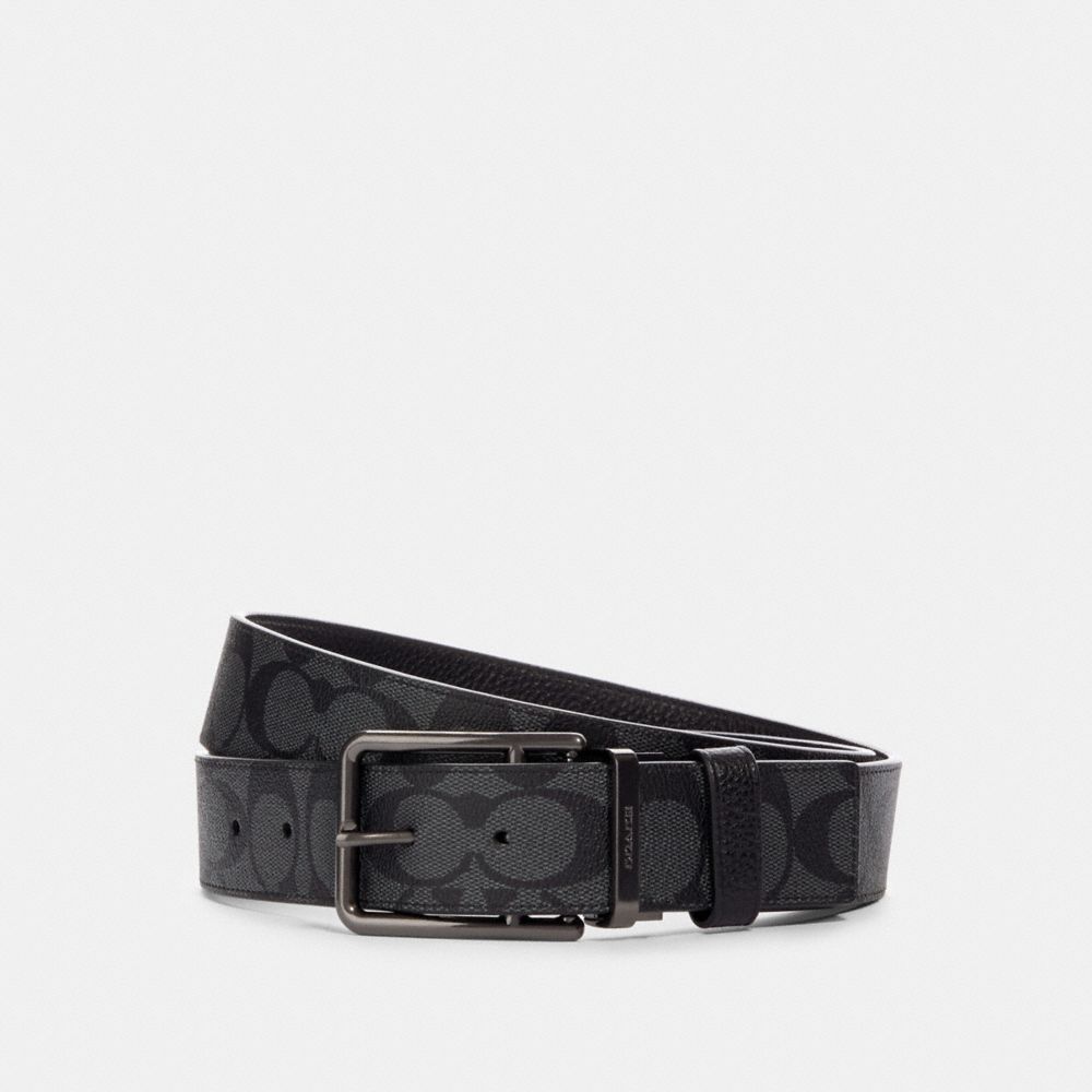 COACH DOUBLE BAR BUCKLE CUT-TO-SIZE REVERSIBLE BELT, 38MM - QB/CHARCOAL/BLACK - 91288