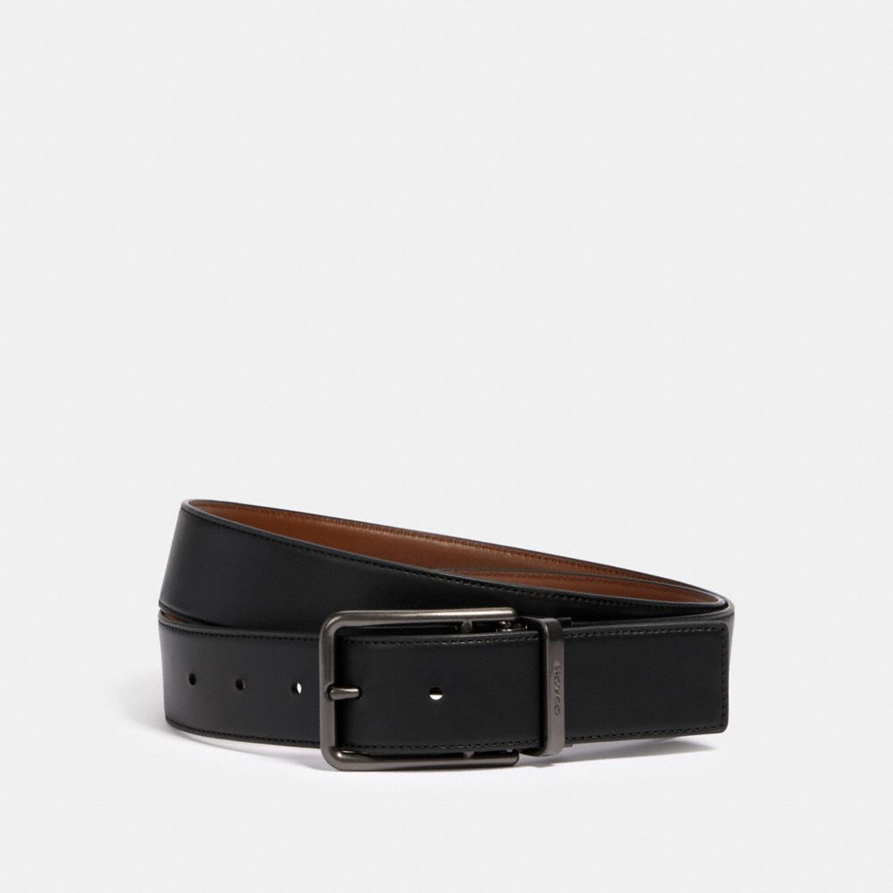 COACH DOUBLE BAR BUCKLE CUT-TO-SIZE REVERSIBLE BELT, 38MM - QB/BLACK/DARK SADDLE - 91312