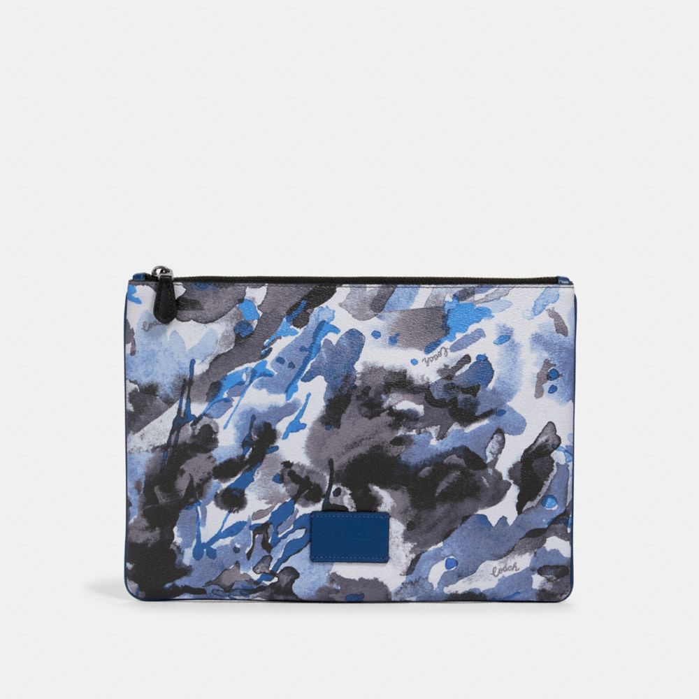 COACH 91318 LARGE POUCH WITH WATERCOLOR SCRIPT PRINT QB/BLUE MULTI