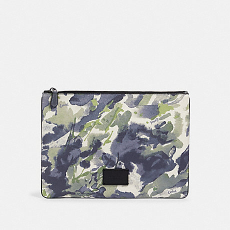 COACH LARGE POUCH WITH WATERCOLOR SCRIPT PRINT - QB/GREEN MULTI - 91318