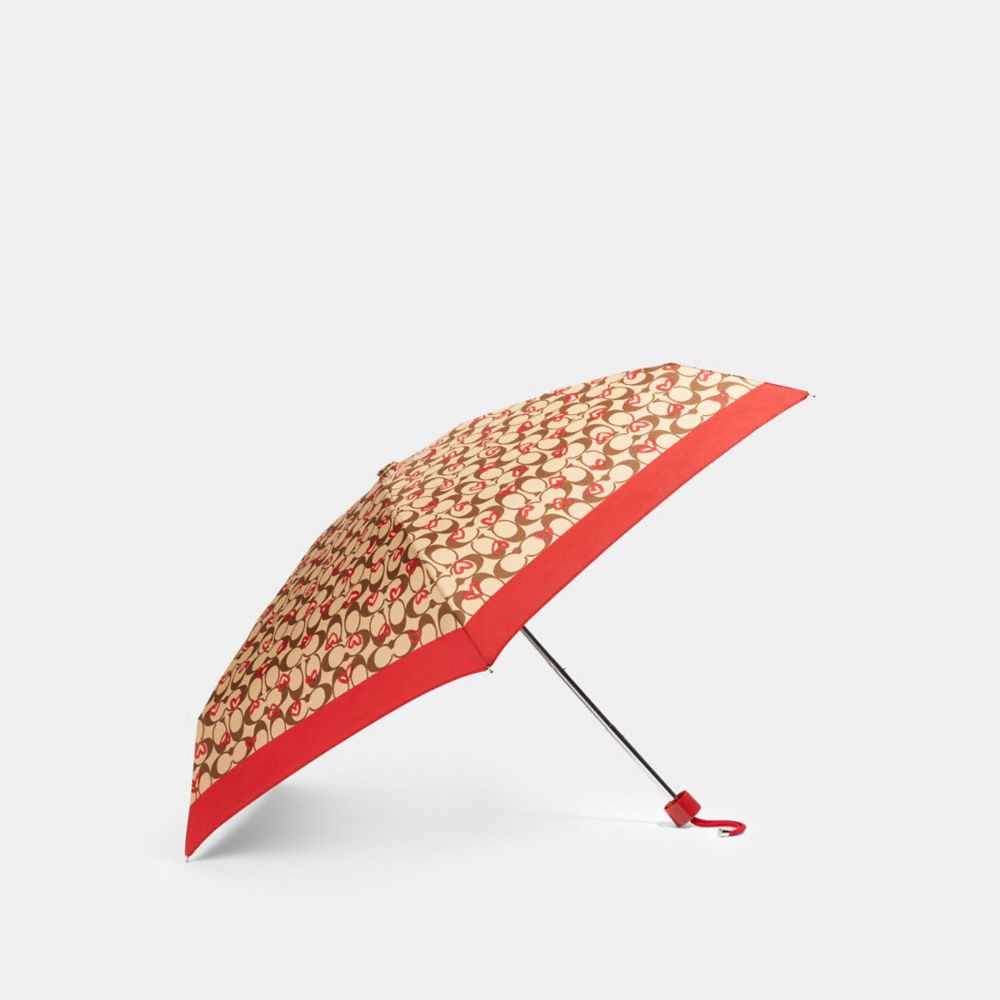 COACH 91364 Mini Umbrella In Signature Crayon Hearts Print KHAKI/RED