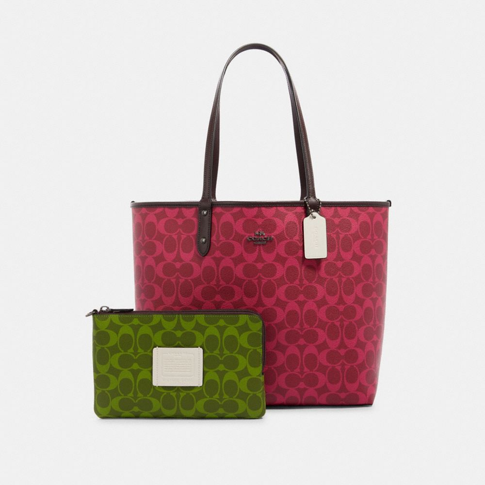 COACH 91380 REVERSIBLE CITY TOTE IN BLOCKED SIGNATURE CANVAS QB/MAGENTA MULTI