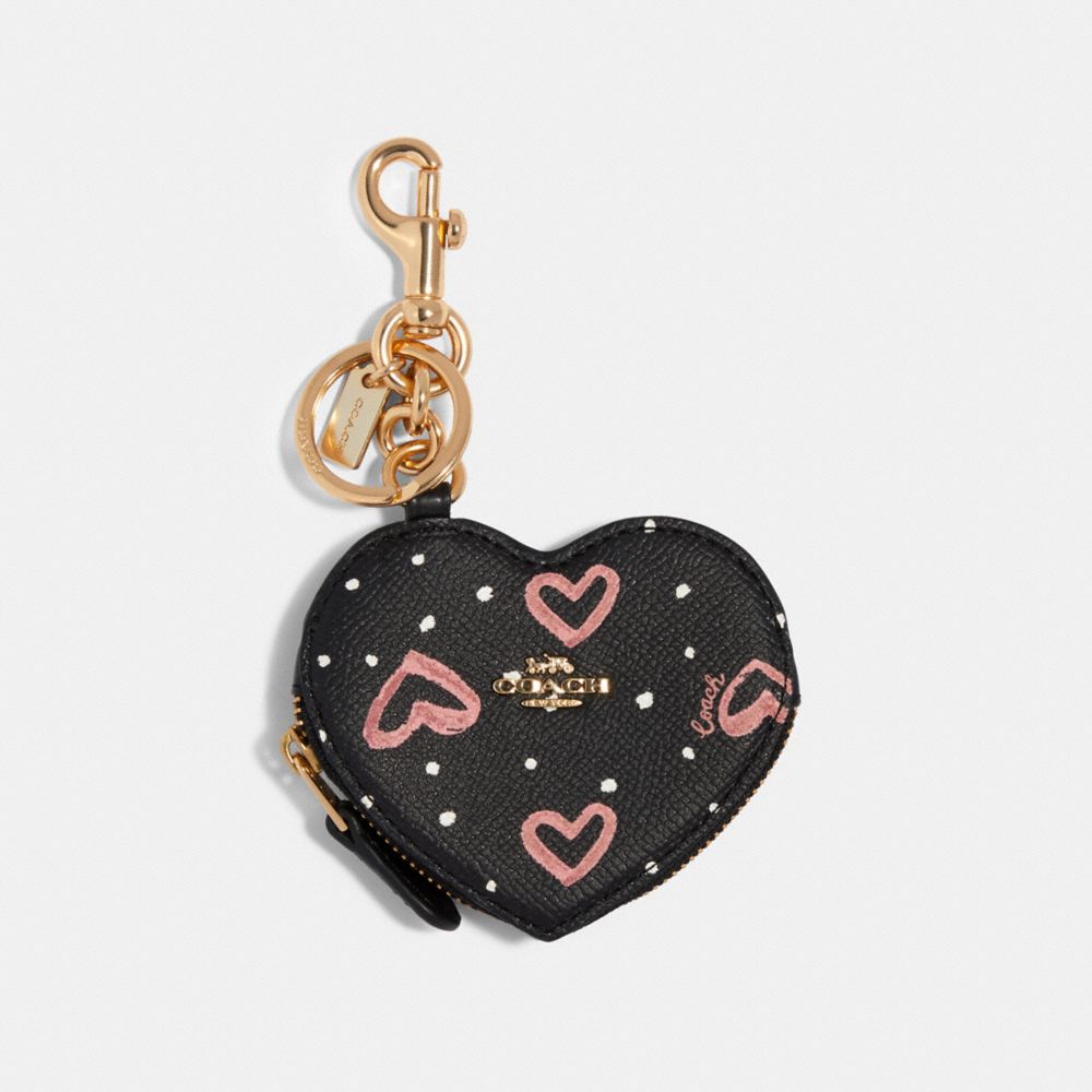 COACH COIN POUCH BAG CHARM WITH CRAYON HEARTS PRINT - SV/BLACK - 91523