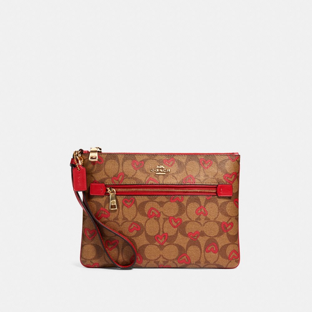 COACH 91542 Gallery Pouch In Signature Canvas With Crayon Hearts Print IM/KHAKI RED MULTI