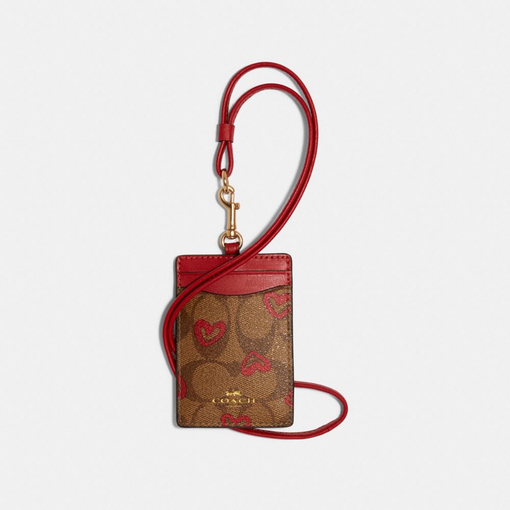 COACH 91566 Id Lanyard In Signature Canvas With Crayon Hearts Print IM/KHAKI RED MULTI