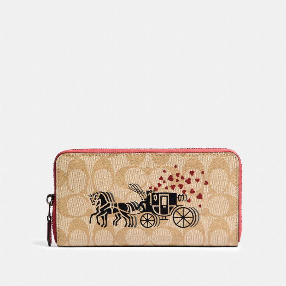 COACH 91571 ACCORDION ZIP WALLET IN SIGNATURE CANVAS WITH HORSE AND CARRIAGE HEARTS MOTIF SV/LIGHT KHAKI MULTI/POPPY