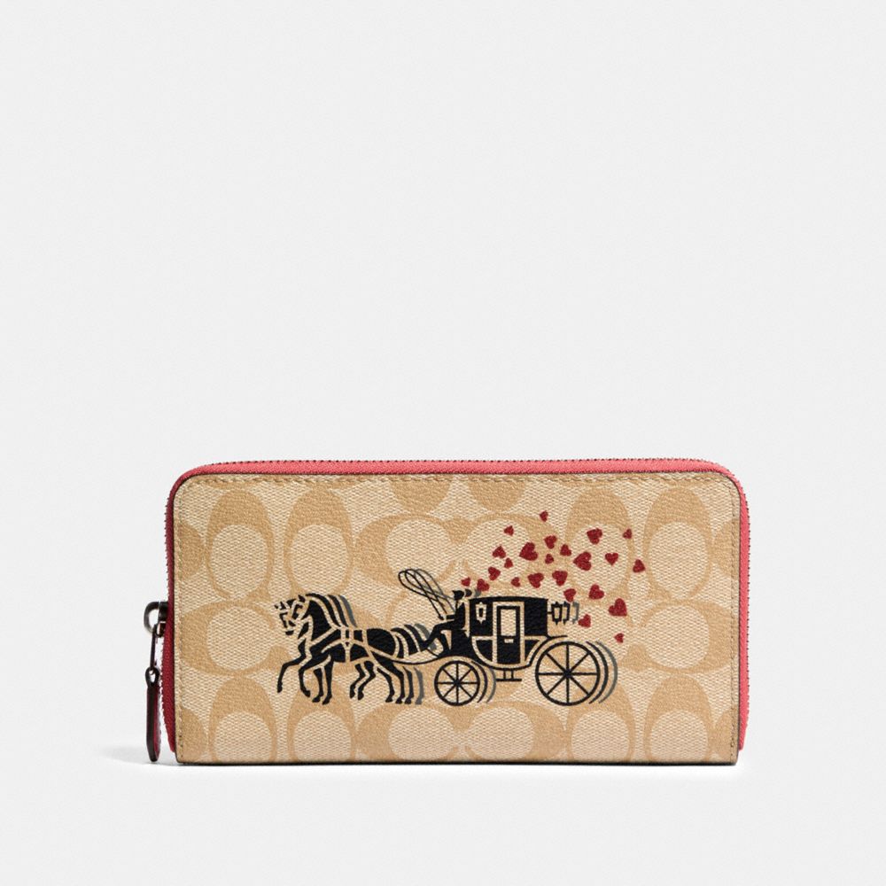 COACH 91571 Accordion Zip Wallet In Signature Canvas With Horse And Carriage Hearts Motif SV/LIGHT KHAKI MULTI/POPPY