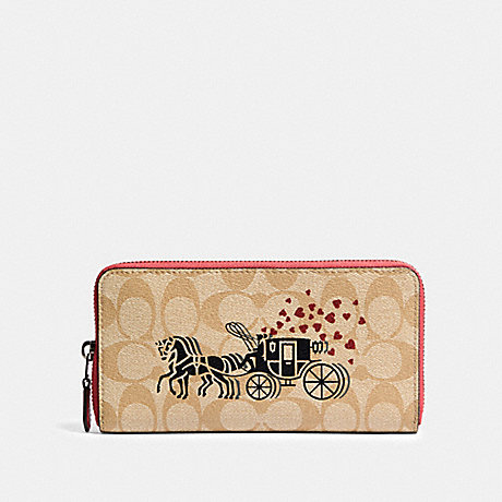COACH ACCORDION ZIP WALLET IN SIGNATURE CANVAS WITH HORSE AND CARRIAGE HEARTS MOTIF - SV/LIGHT KHAKI MULTI/POPPY - 91571