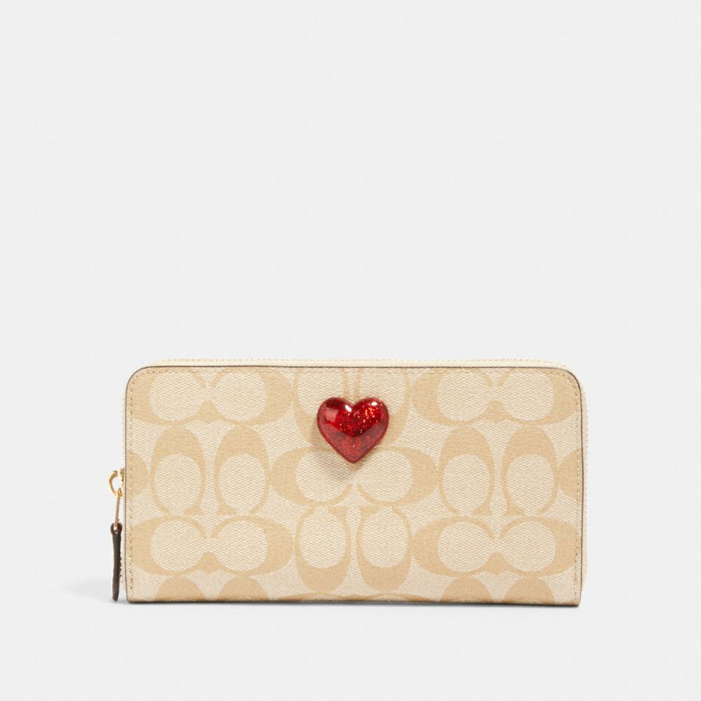 COACH 91572 - ACCORDION ZIP WALLET IN SIGNATURE CANVAS WITH HEART IM/LIGHT KHAKI MULTI