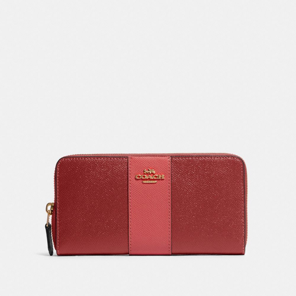 COACH ACCORDION ZIP WALLET IN COLORBLOCK WITH STRIPE - IM/DEEP SCARLET MULTI - 91574