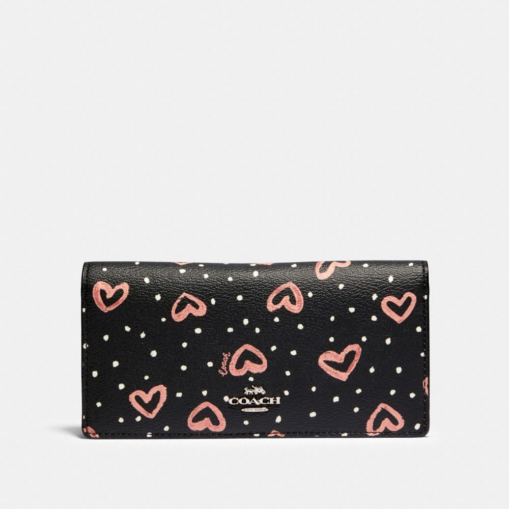 COACH 91587 BIFOLD WALLET WITH CRAYON HEARTS PRINT SV/BLACK PINK MULTI