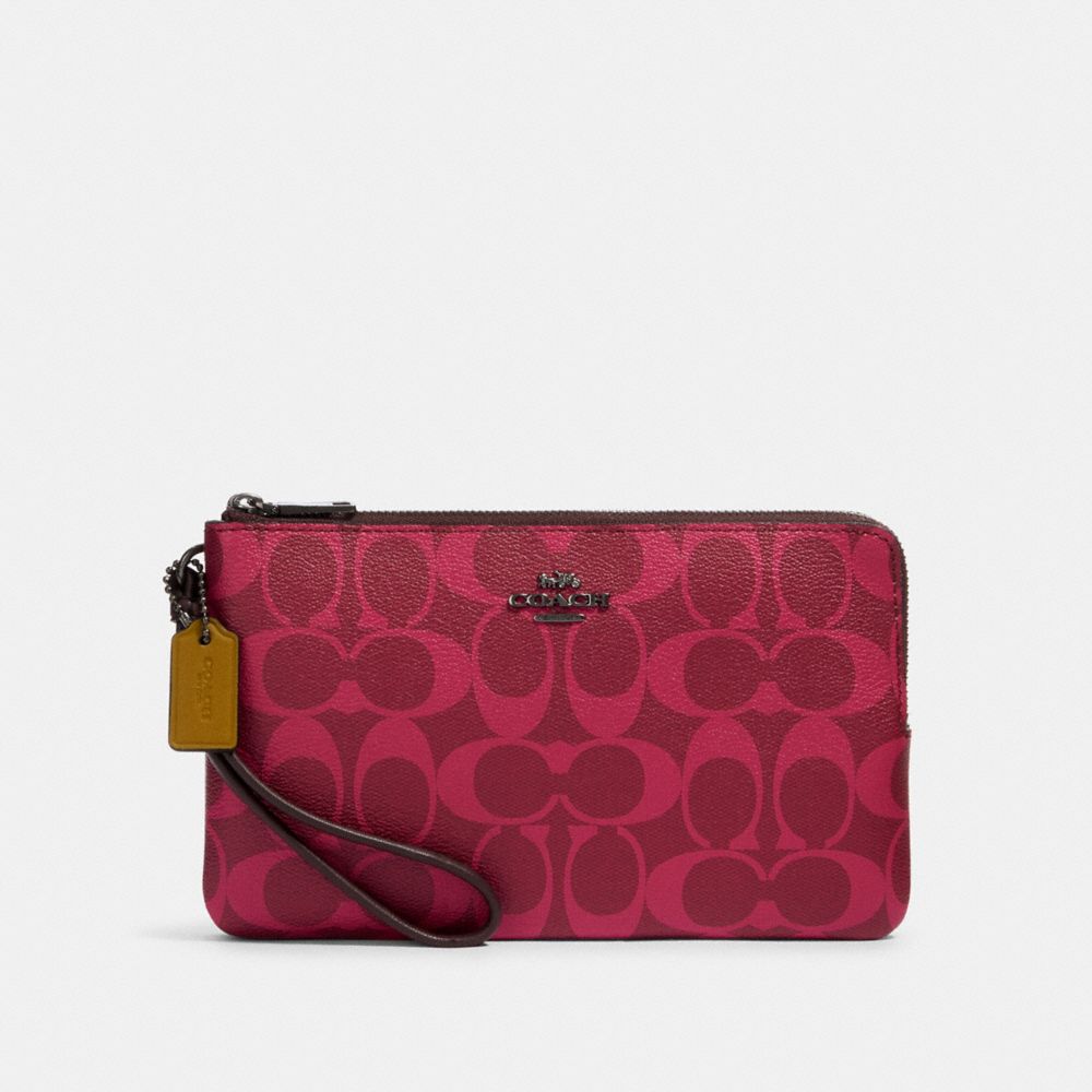 DOUBLE ZIP WALLET IN BLOCKED SIGNATURE CANVAS - QB/MAGENTA MULTI - COACH 91588