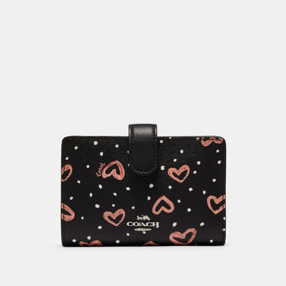 COACH 91599 Medium Corner Zip Wallet With Crayon Hearts Print SV/BLACK PINK MULTI