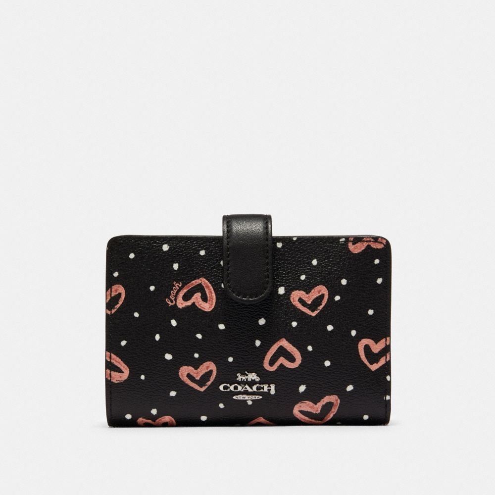 MEDIUM CORNER ZIP WALLET WITH CRAYON HEARTS PRINT - SV/BLACK PINK MULTI - COACH 91599