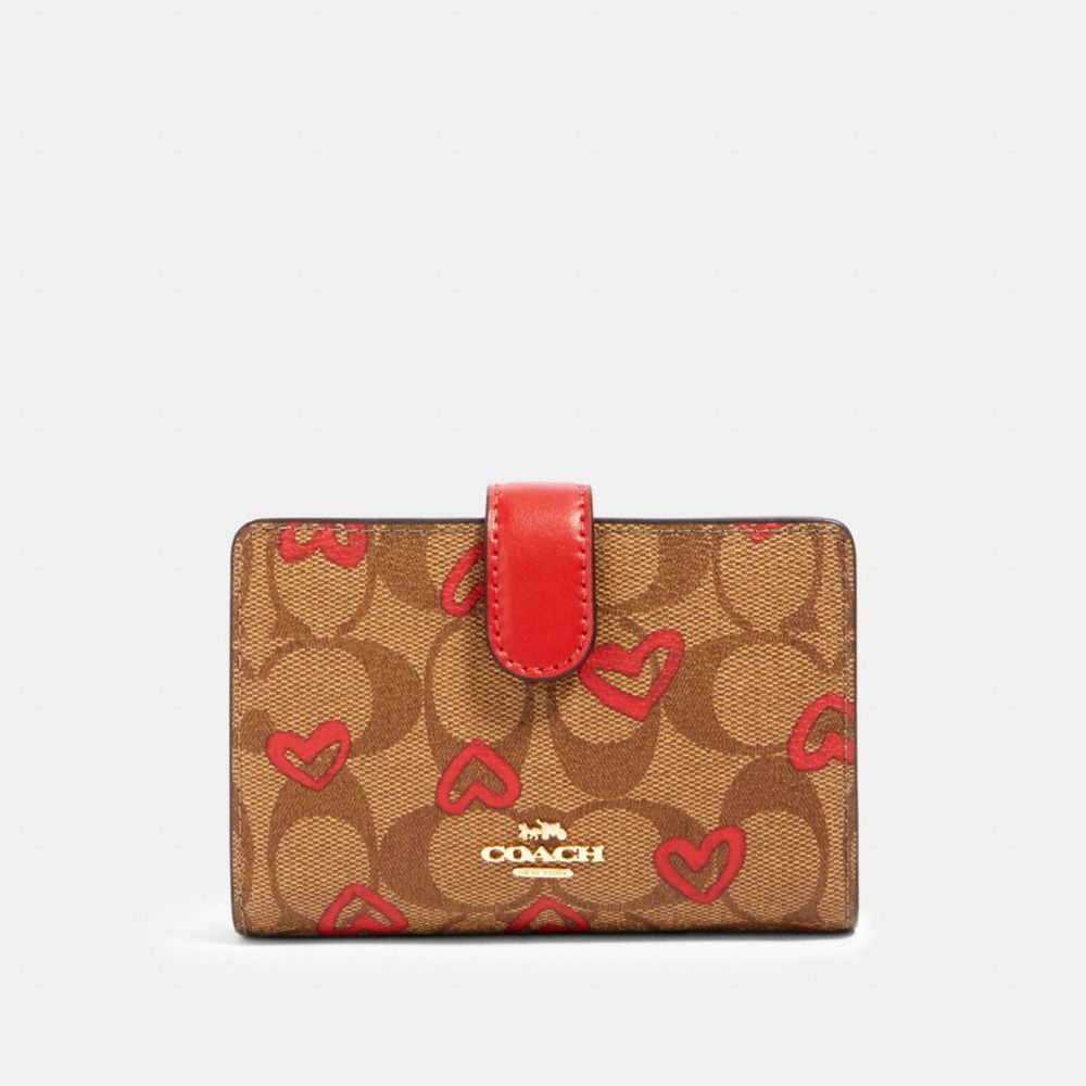 COACH 91600 MEDIUM CORNER ZIP WALLET IN SIGNATURE CANVAS WITH CRAYON HEARTS PRINT IM/KHAKI-RED-MULTI