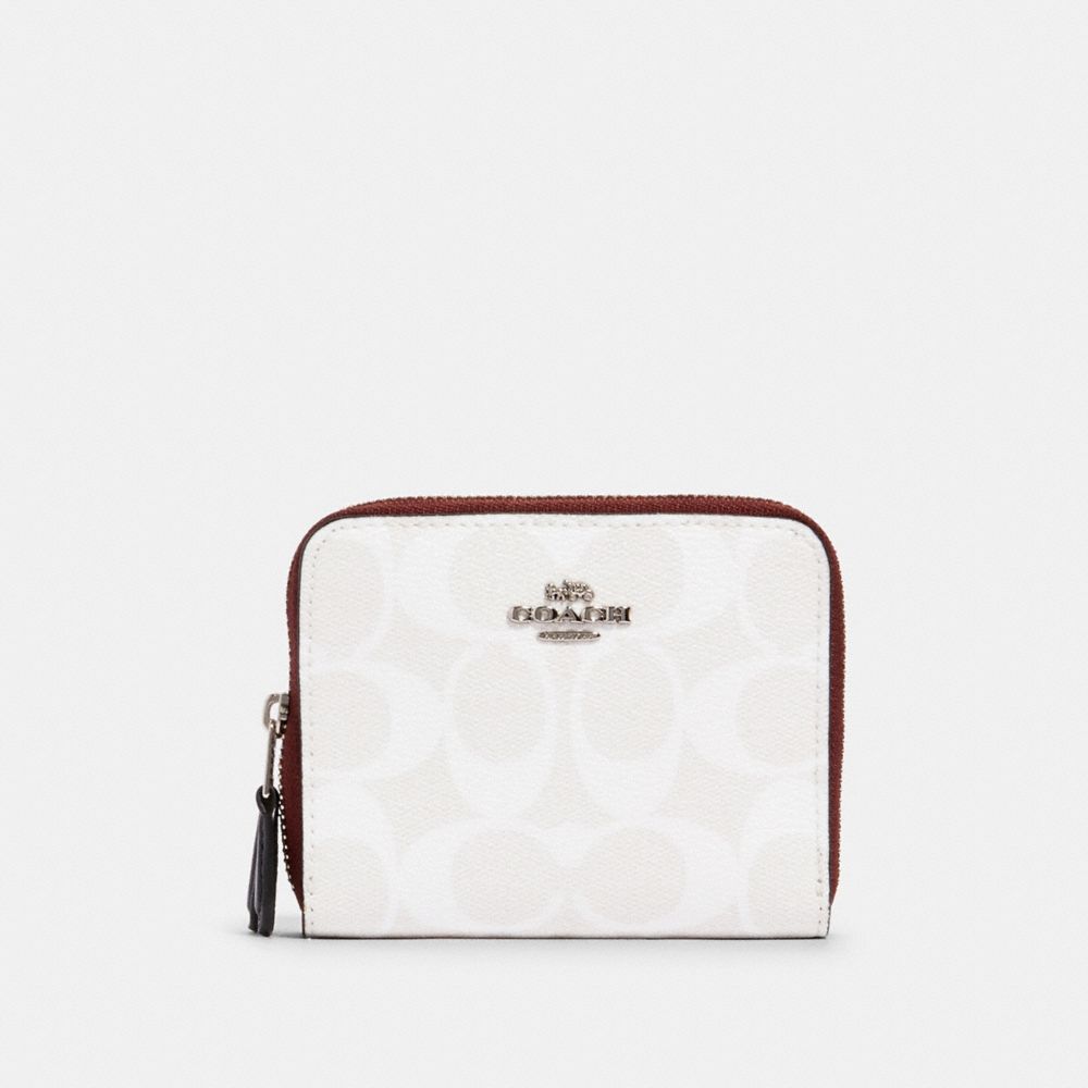 COACH SMALL DOUBLE ZIP AROUND WALLET IN BLOCKED SIGNATURE CANVAS - SV/CHALK MULTI - 91618