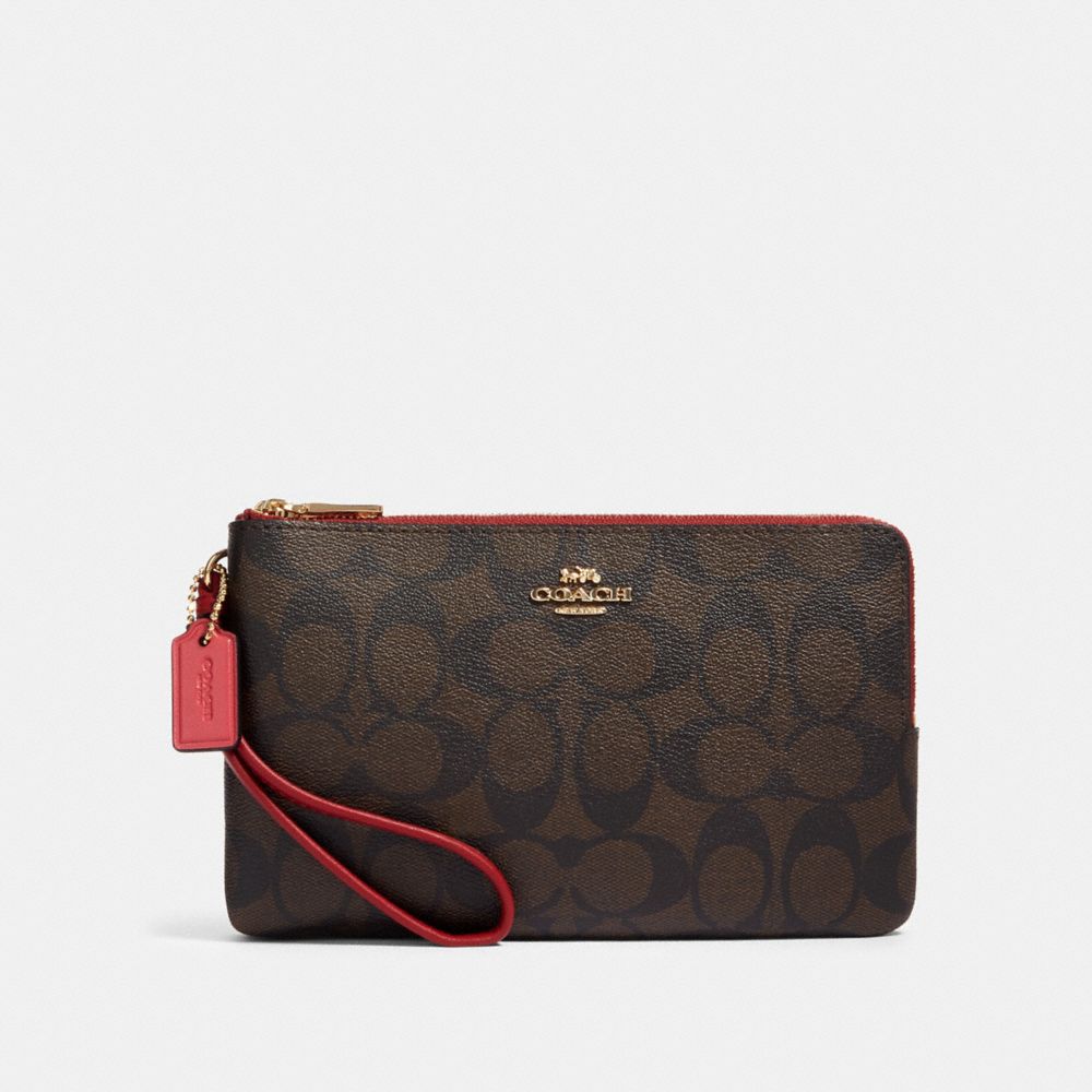 COACH DOUBLE ZIP WALLET IN BLOCKED SIGNATURE CANVAS - IM/BROWN MULTI - 91619