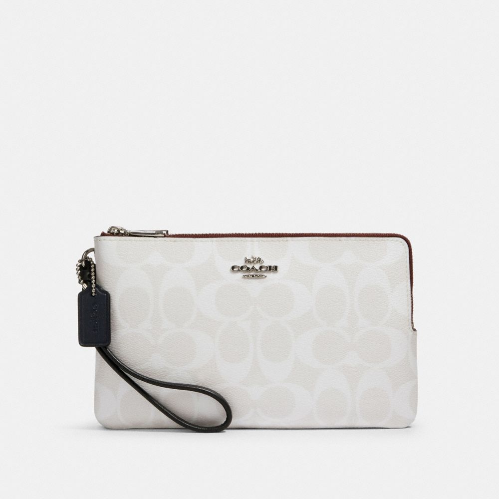 COACH DOUBLE ZIP WALLET IN BLOCKED SIGNATURE CANVAS - SV/CHALK MULTI - 91619