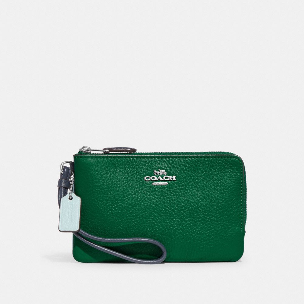 COACH Double Corner Zip Wristlet In Colorblock - SILVER/LIGHT TEAL/GREEN - 91622