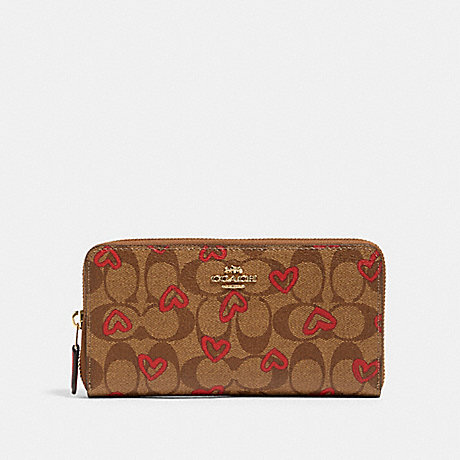 COACH 91649 ACCORDION ZIP WALLET IN SIGNATURE CANVAS WITH CRAYON HEARTS PRINT IM/KHAKI RED MULTI
