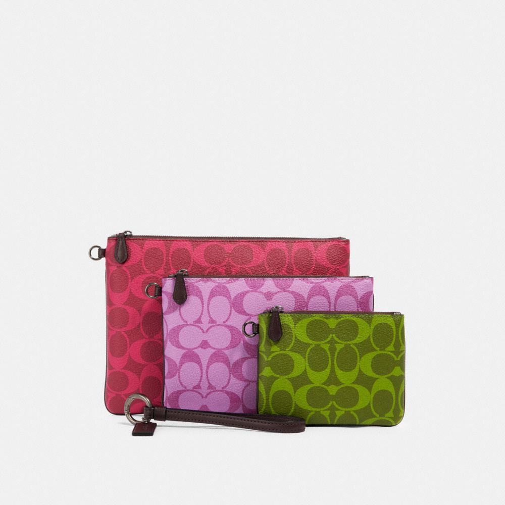 COACH 91667 POUCH TRIO IN BLOCKED SIGNATURE CANVAS QB/MAGENTA MULTI