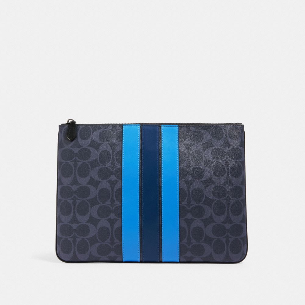 LARGE POUCH IN SIGNATURE CANVAS WITH VARSITY STRIPE - 91673 - QB/DENIM MULTI