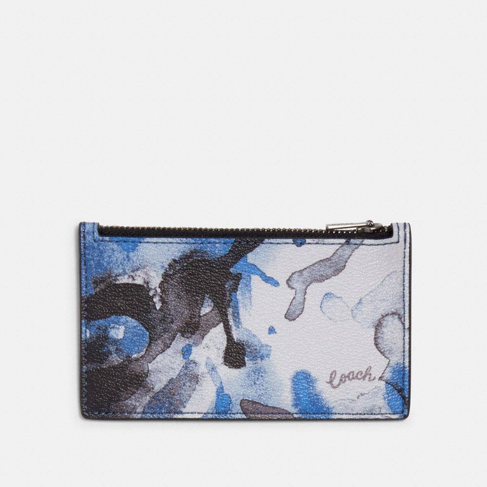 COACH 91694 ZIP CARD CASE WITH WATERCOLOR SCRIPT PRINT QB/BLUE