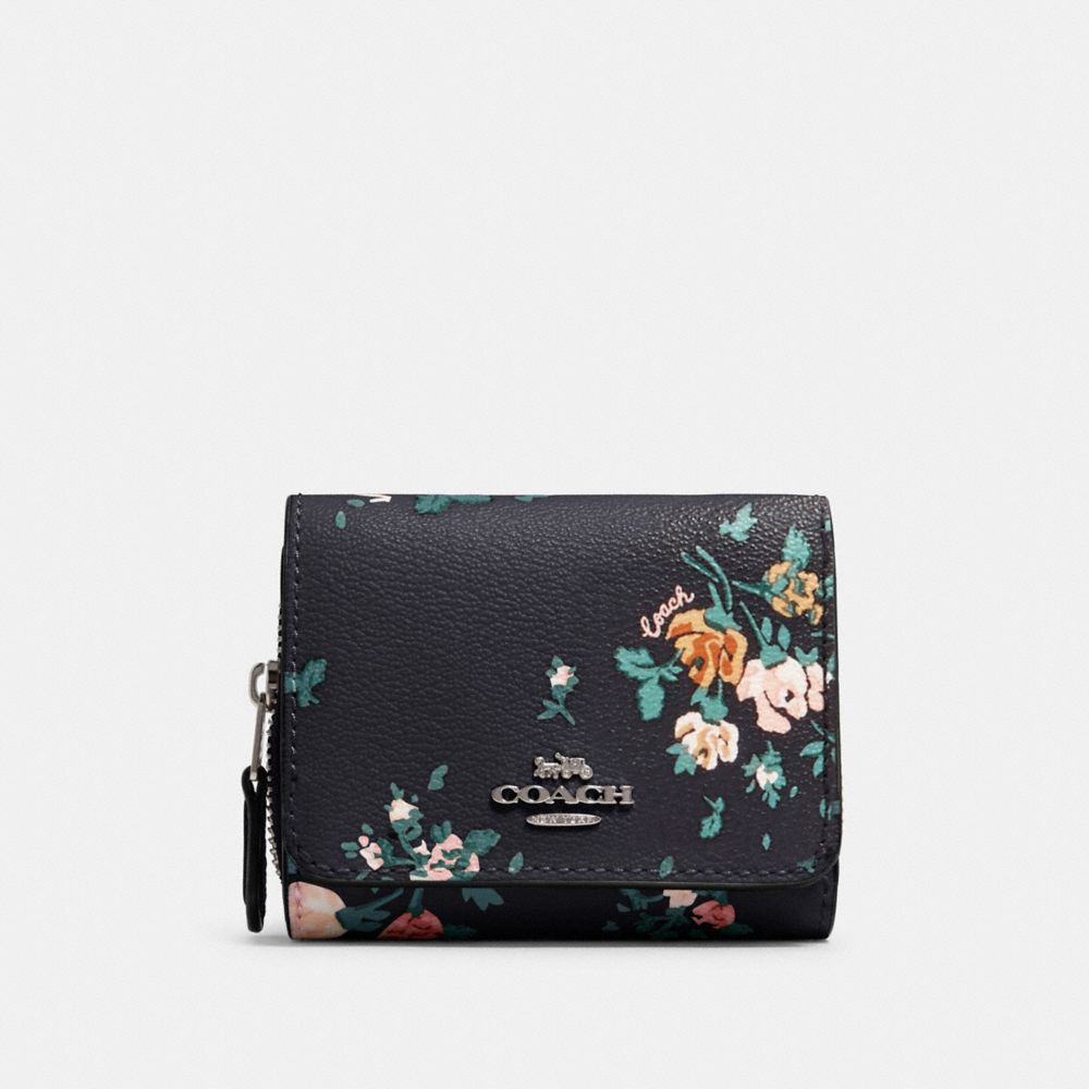 COACH 91752 Small Trifold Wallet With Rose Bouquet Print SV/MIDNIGHT MULTI