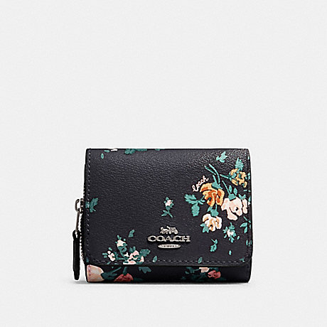 COACH 91752 SMALL TRIFOLD WALLET WITH ROSE BOUQUET PRINT SV/MIDNIGHT-MULTI