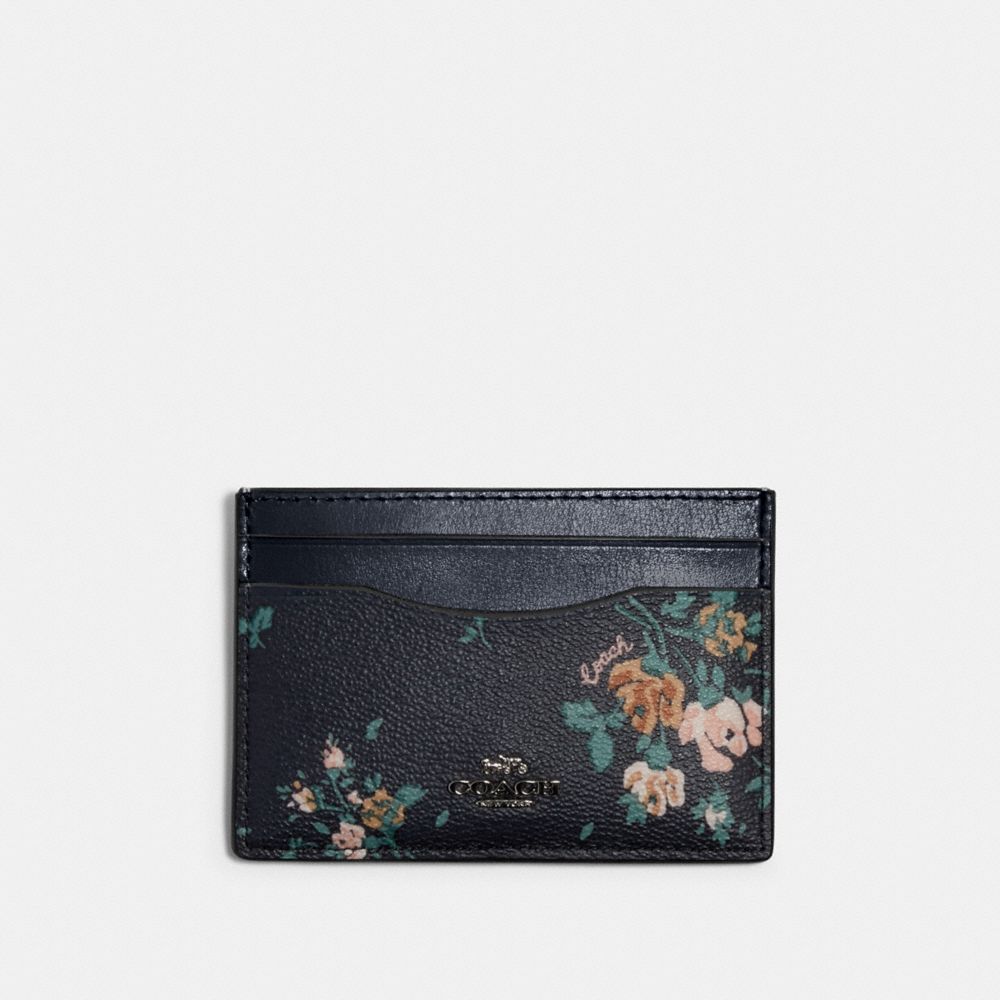 COACH 91789 Flat Card Case With Rose Bouquet Print SV/MIDNIGHT MULTI