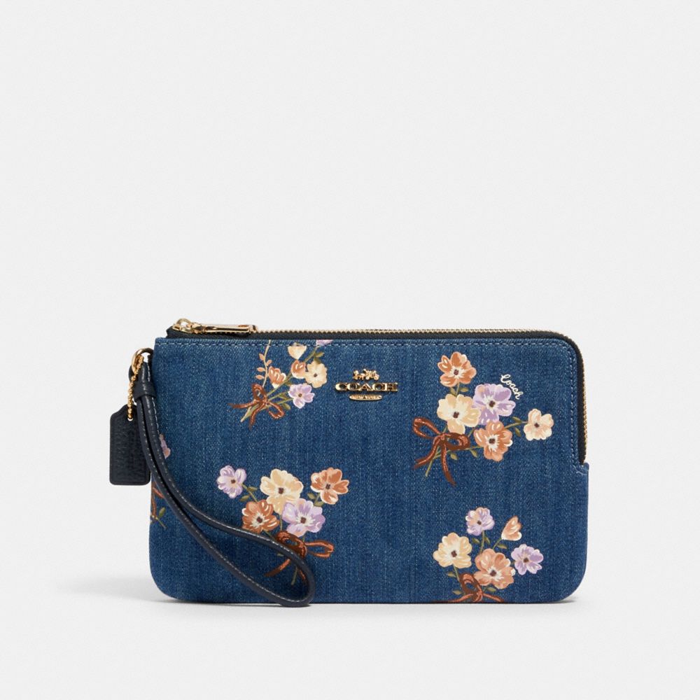 COACH 91832 DOUBLE ZIP WALLET WITH PAINTED FLORAL BOX PRINT IM/DENIM MULTI