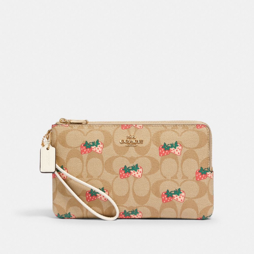 COACH 91835 DOUBLE ZIP WALLET IN SIGNATURE CANVAS WITH STRAWBERRY PRINT IM/KHAKI-MULTI