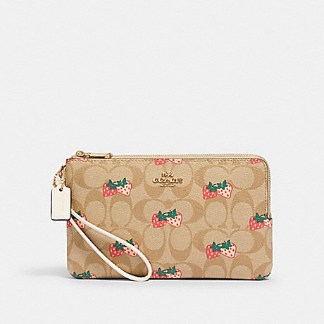 COACH DOUBLE ZIP WALLET IN SIGNATURE CANVAS WITH STRAWBERRY PRINT - IM/KHAKI MULTI - 91835