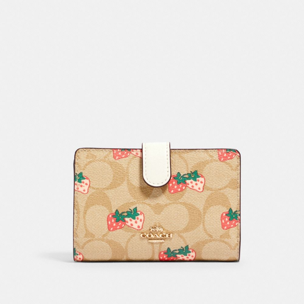 COACH 91836 MEDIUM CORNER ZIP WALLET IN SIGNATURE CANVAS WITH STRAWBERRY PRINT IM/KHAKI-MULTI