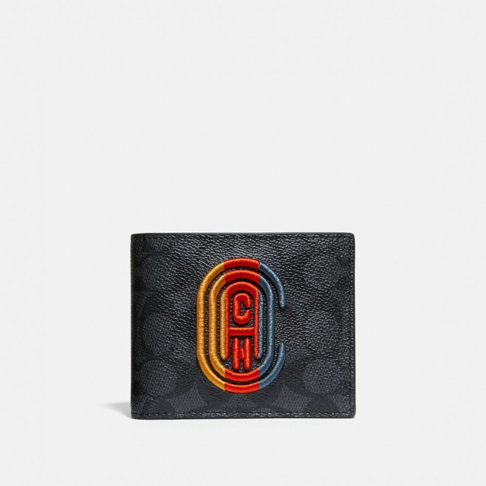 COACH 918 3-IN-1 WALLET IN SIGNATURE CANVAS WITH COACH PATCH CHARCOAL SIGNATURE MULTI