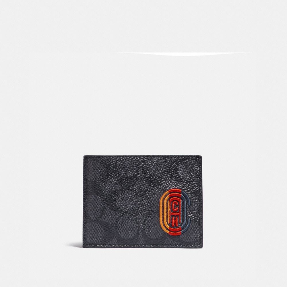 COACH 922 SLIM BILLFOLD WALLET IN SIGNATURE CANVAS WITH COACH PATCH CHARCOAL-SIGNATURE-MULTI