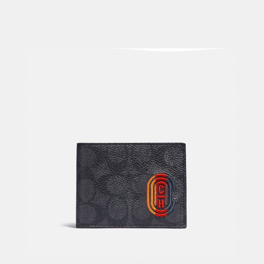 COACH 922 SLIM BILLFOLD WALLET IN SIGNATURE CANVAS WITH COACH PATCH CHARCOAL SIGNATURE MULTI