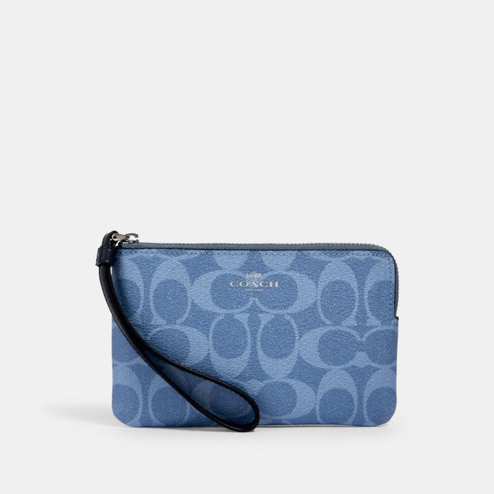 coach wristlet denim signature zip corner canvas sv light