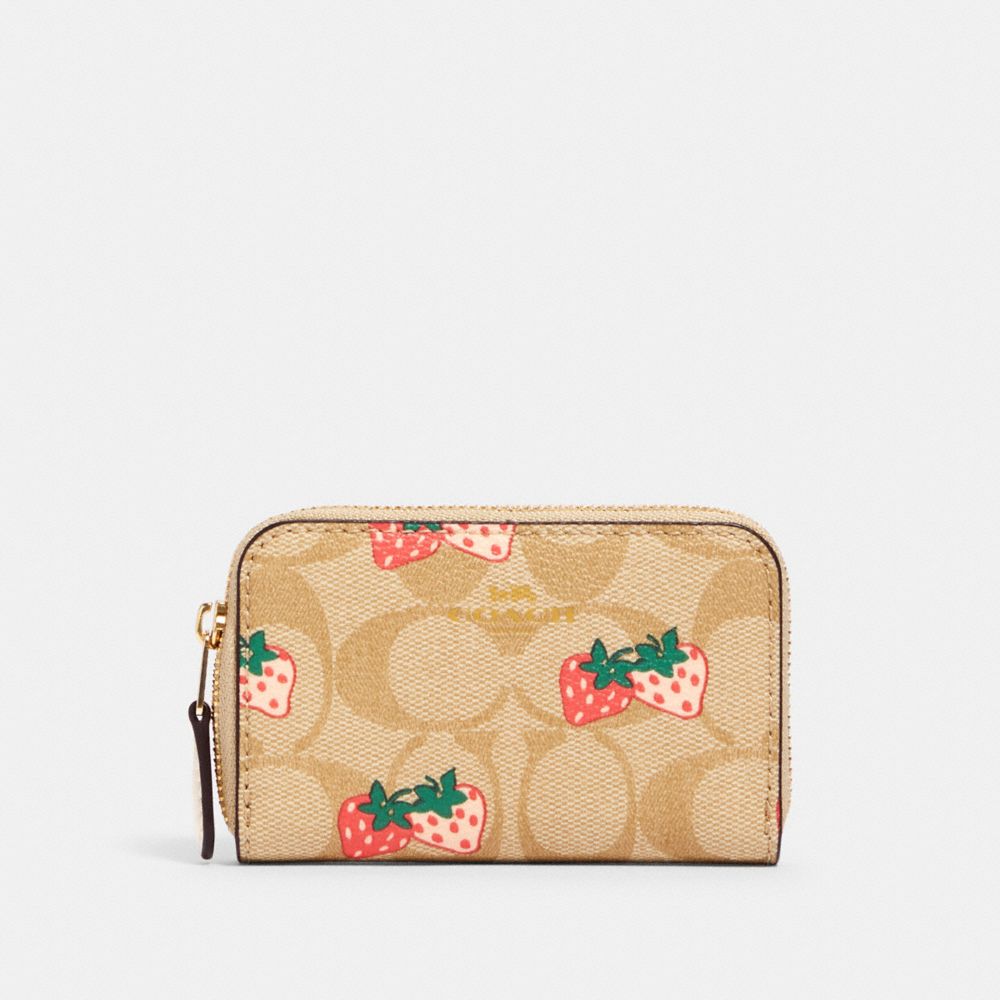 COACH 93678 ZIP AROUND COIN CASE IN SIGNATURE CANVAS WITH STRAWBERRY PRINT IM/KHAKI-MULTI