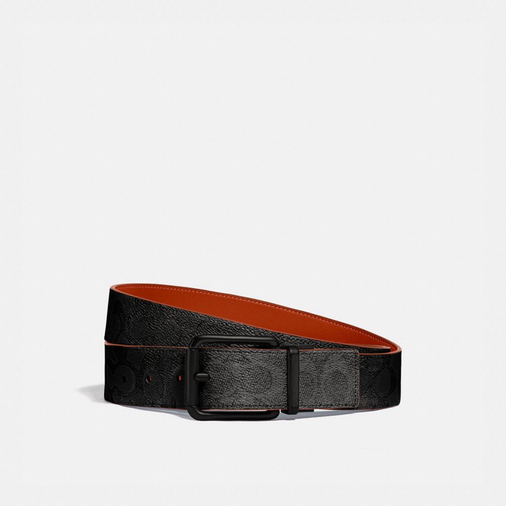 ROLLER BUCKLE CUT-TO-SIZE REVERSIBLE BELT, 38MM - CHARCOAL/MANGO - COACH 940