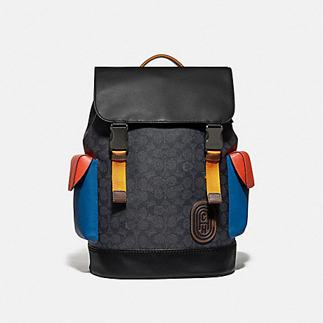 COACH RIVINGTON BACKPACK IN COLORBLOCK SIGNATURE CANVAS WITH COACH PATCH - JI/CHARCOAL MULTI - 961