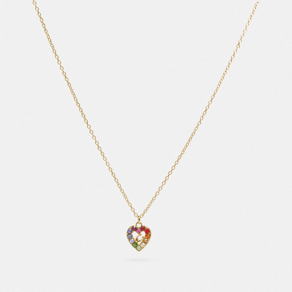 COACH 992 Rainbow Pave Sculpted Signature Heart Slider Necklace GOLD/MULTI