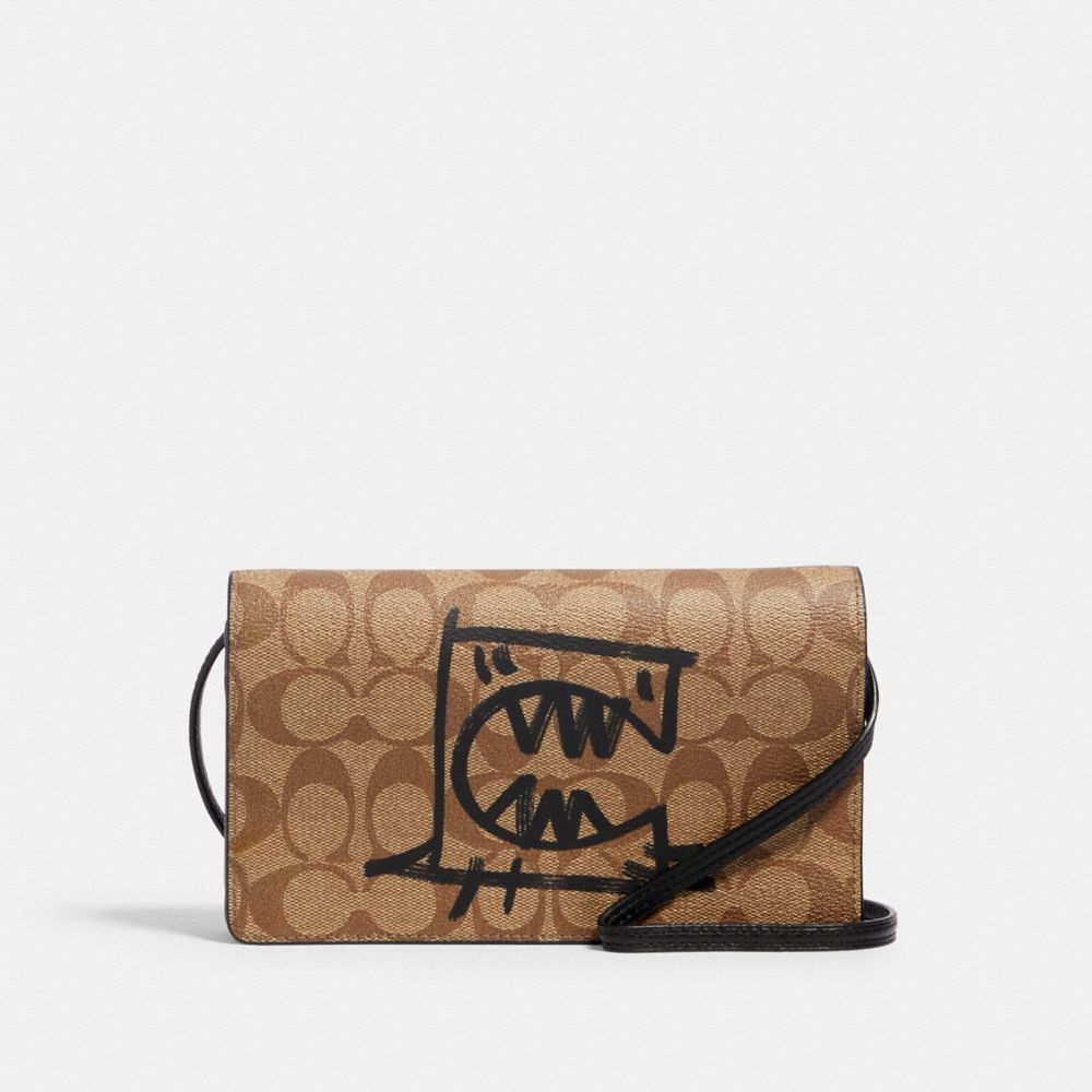 ANNA FOLDOVER CROSSBODY CLUTCH IN SIGNATURE CANVAS WITH REXY BY GUANG YU - 99445 - QB/KHAKI BLACK MULTI