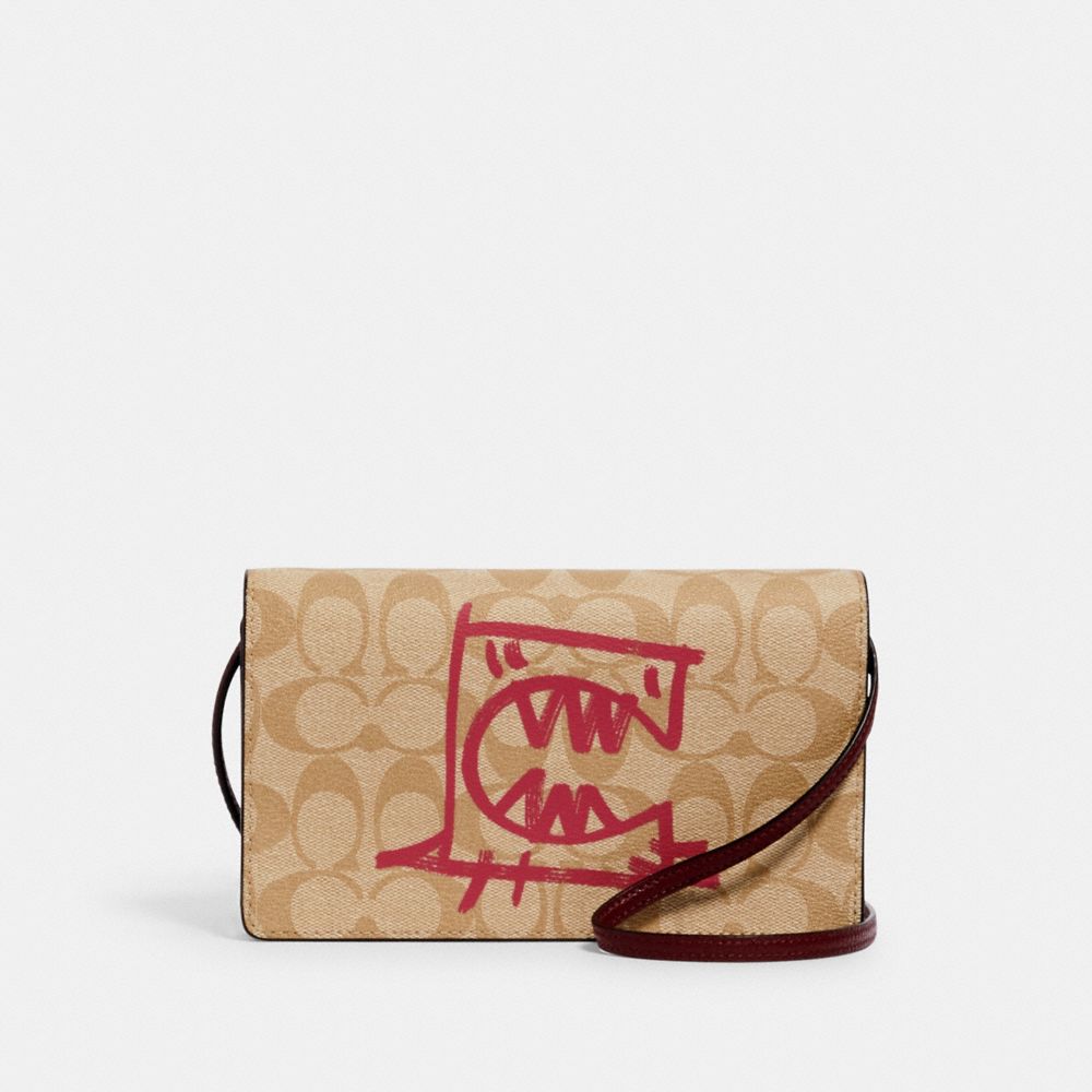 COACH 99445 ANNA FOLDOVER CROSSBODY CLUTCH IN SIGNATURE CANVAS WITH REXY BY GUANG YU SV/LT-KHAKI/ELCTRC-PINK-MULTI